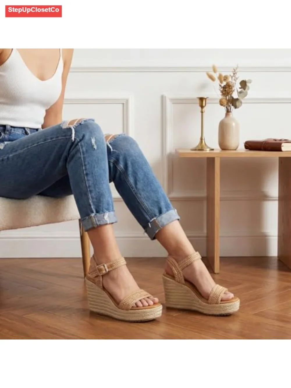 Espadrille Wedge Sandals Platform Ankle Strap Open Toe Raffia